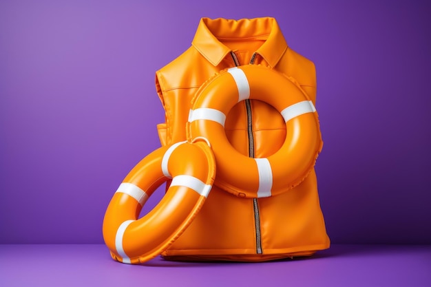 Photo orange safety vest and lifebuoy on purple background