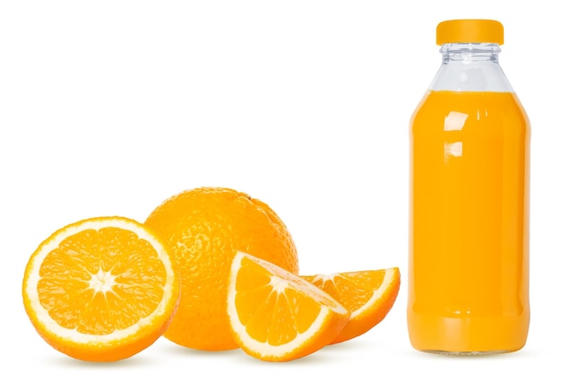 Orange set Whole orange slices juice in a bottle Isolated on white background