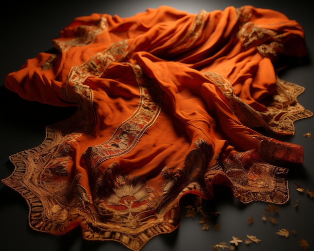 an orange shawl laying on top of a black surface