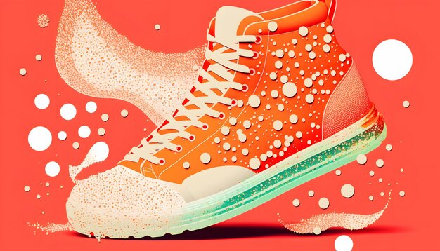 An orange shoe with a green bottom and a red background with bubbles.