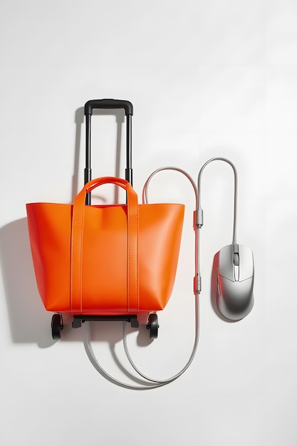 Photo an orange shopping bag with wheels attached to a computer mouse