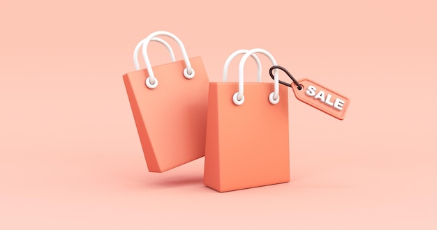 orange shopping bags with sales tag in orange background 3d render