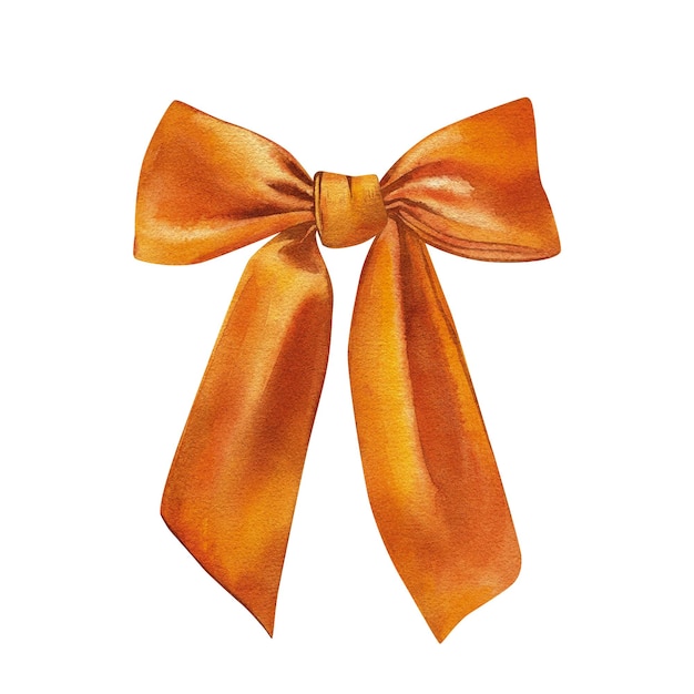 Orange silk ribbon bow knot isolated on white background Watercolor hand drawn illustration Art for design gift cards