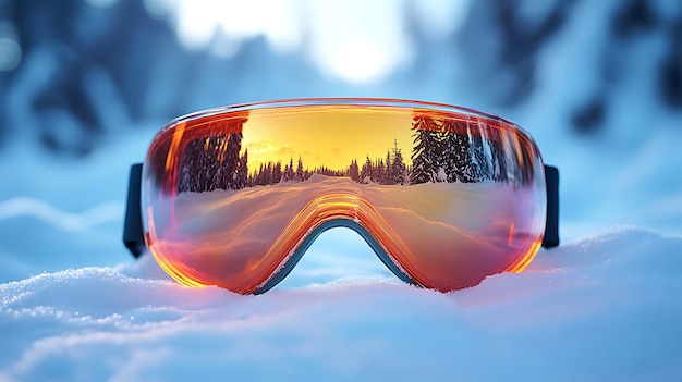 Photo orange ski goggles on white snow with a sunset reflection