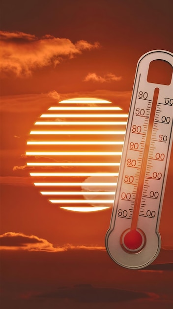 Orange sky with glowing sun and thermometer as a symbol of climate change