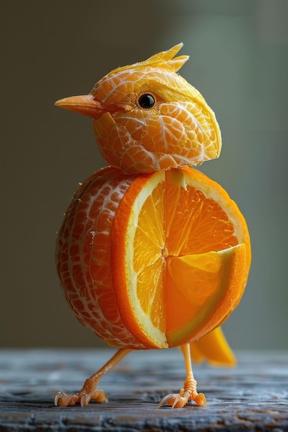 Photo orange slice bird sculpture with fresh fruit perched on wood vibrant natureinspired artwork for health and wellness exhibition