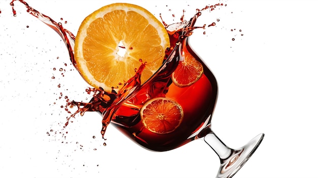 orange slice falling into a splashing negroni tilted on white background