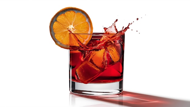 orange slice falling into a splashing negroni tilted on white background