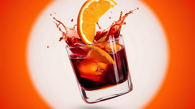 orange slice falling into a splashing negroni tilted on white background