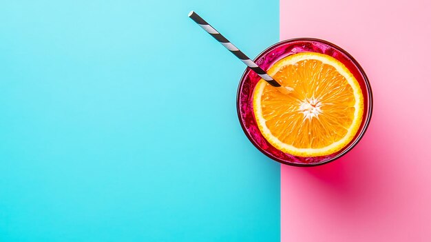 Photo orange slice in glass of red liquid on pink and blue background