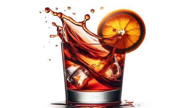 orange slice midair falling into a splashing Negroni cocktail