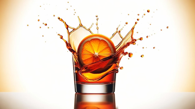 orange slice midair falling into a splashing Negroni cocktail