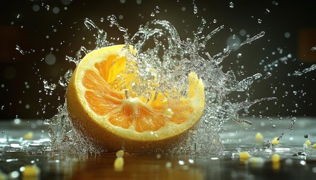 Photo orange slice splashing into water with a dramatic water spray