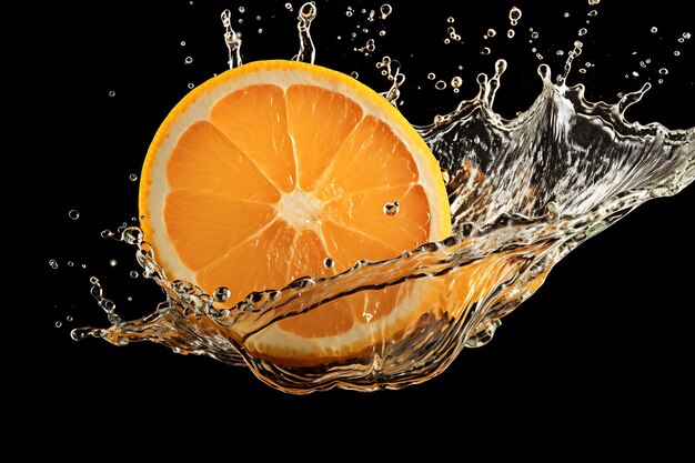 Orange slice and spray of juice isolated