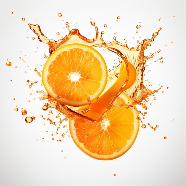 Orange slice with orange water splash on isolated background