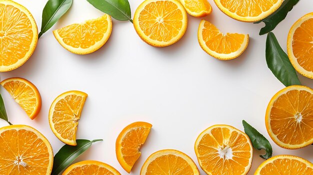 orange slices are lined up on a white table