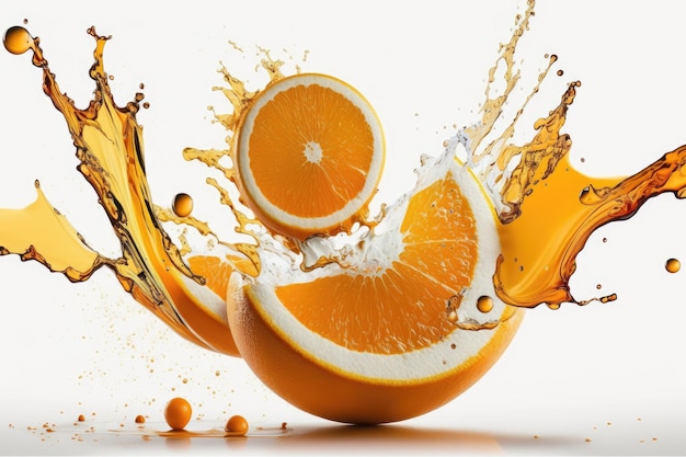 Orange slices splashed up close and isolated on a white background