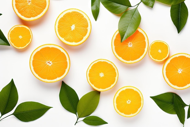 Orange slices whole fruits and leaves isolated on white background from a top perspective