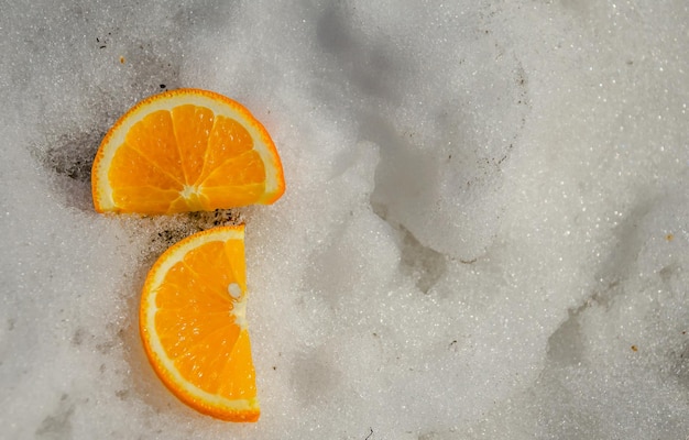 Orange slices in winter in the snow