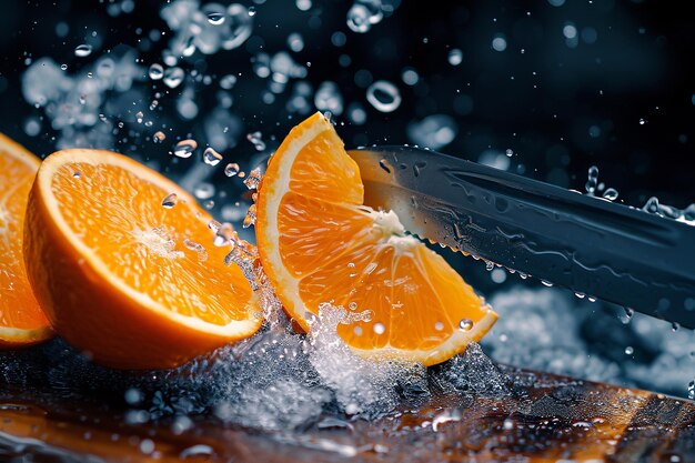 orange slices with knife and water drops and splashes on dark and blue still life