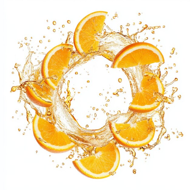 Photo orange soda splash circular swirl with floating slices on white background