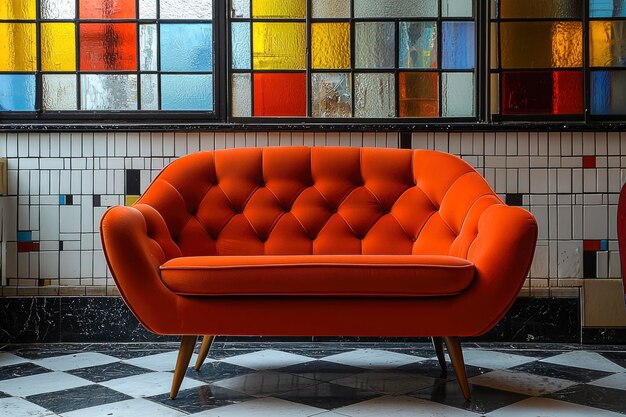 Photo an orange sofa against a checkerboard tile floor and a colorful stained glass window