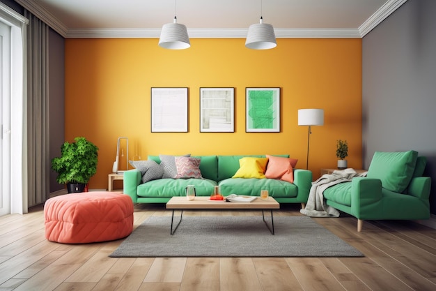 Orange sofa and green coffee tables hang over the fake wall in this contemporary bright living room