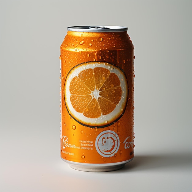 Orange soft drink brand tin cans with various flavours close up