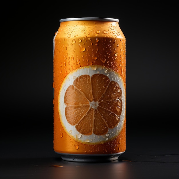 Orange soft drink brand tin cans with various flavours close up