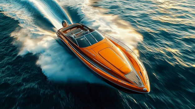 Photo orange speedboat cutting through blue water