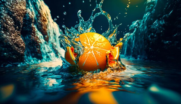 An orange splashing into body of water Generative AI