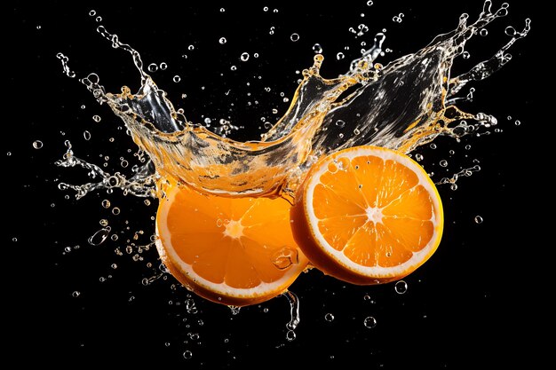 An orange splashing into a splash of orange juice