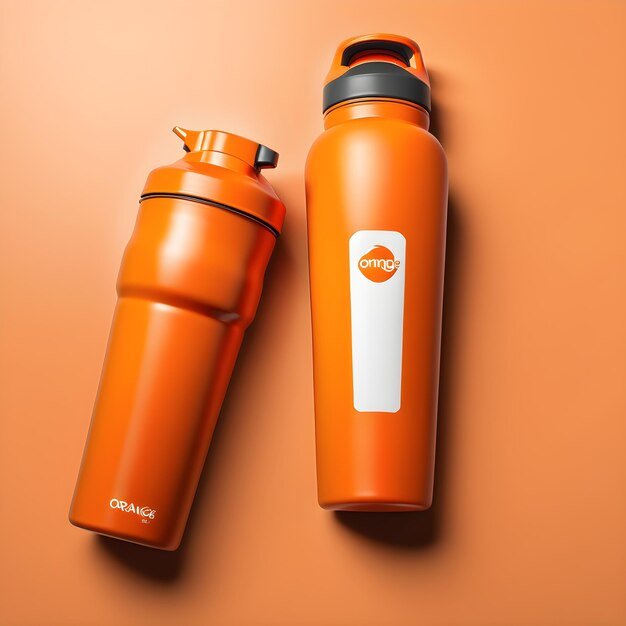 Photo orange sport water bottle mockup on orange background 3d rendering