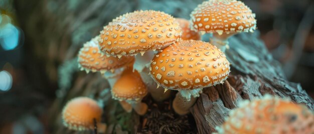 Orange Spotted Mushrooms Growing On Decaying Log In Forest