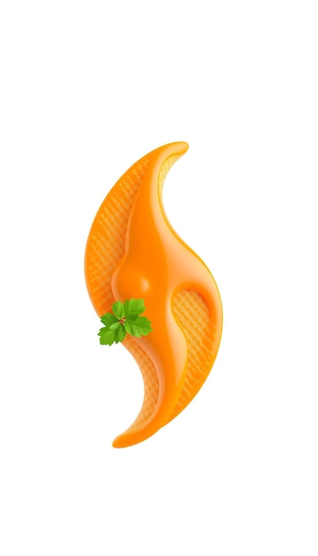 Orange Sshaped object with green leaf on a white background