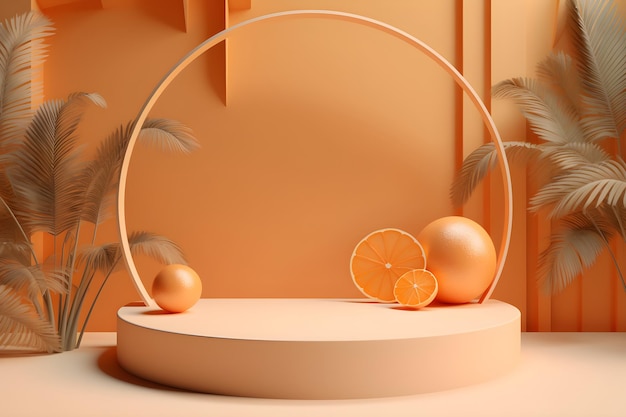 An orange stage with a circle of oranges on it.