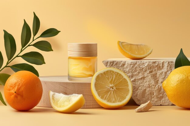 Orange stone wood shapes with lemon yellow accents for cosmetics