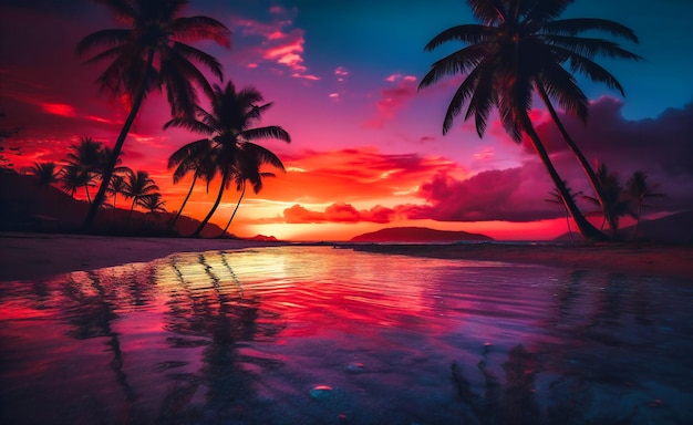 Orange sunset over a beach with palm trees