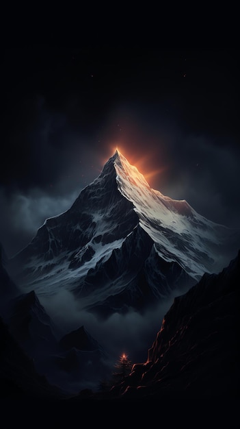 an orange sunset over dark and mysterious the mountains