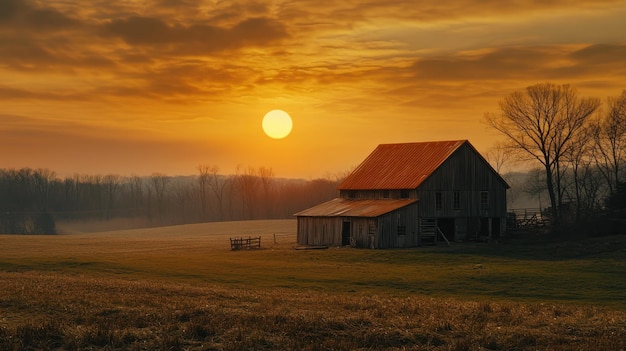 Photo orange sunset on the farm with old house