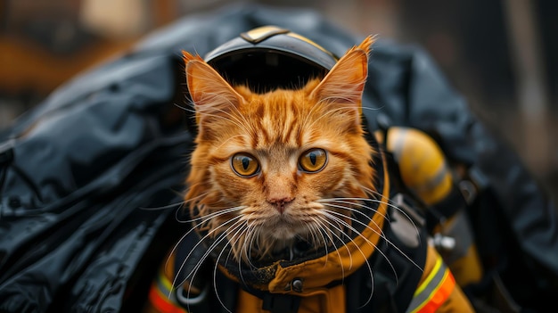 Orange tabby cat in a firefighter39s outfit with a hose and a brave stance