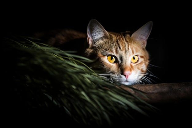 An orange tabby cat is looking at the camera in the dark