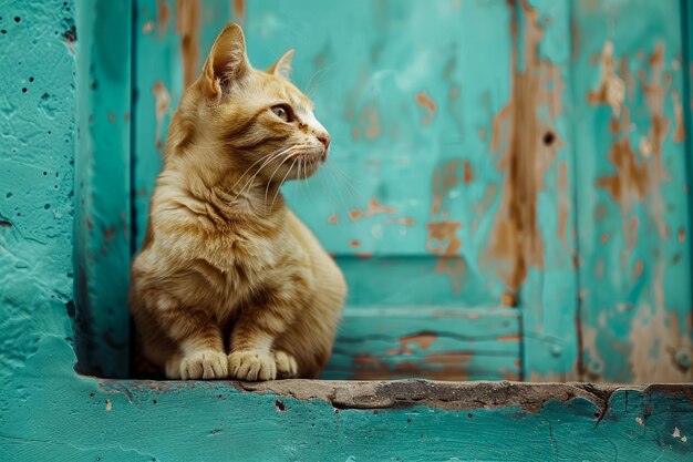 Photo orange tabby cat sitting thoughtfully on a turquoise wooden staircase with peeling paint