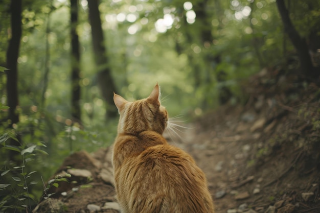 Photo orange tabby cat sitting on trail in forest