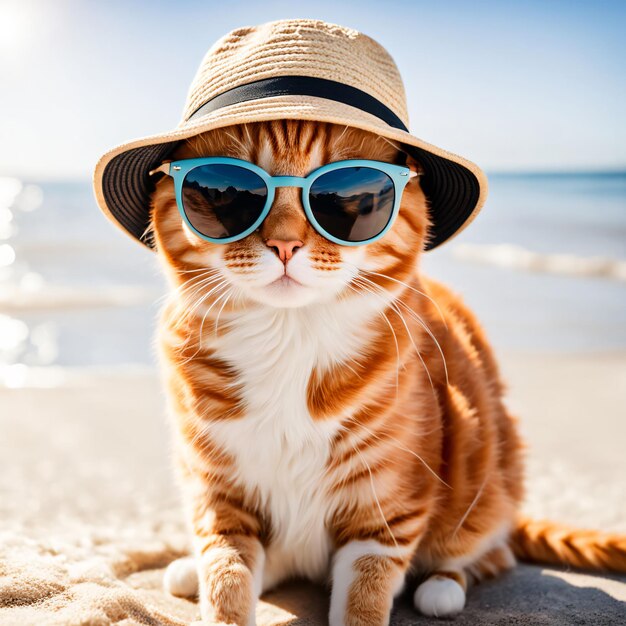 Orange tabby cat in sunglasses and hat on beach