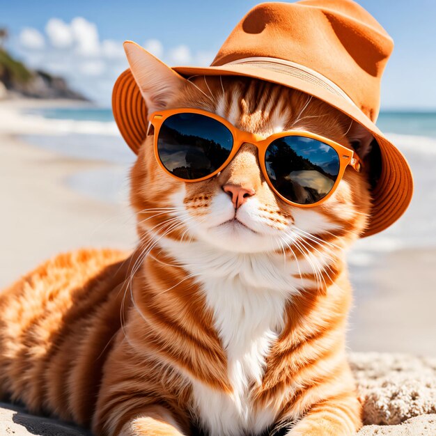 Orange tabby cat in sunglasses and hat on beach