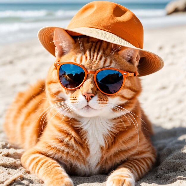 Orange tabby cat in sunglasses and hat on beach