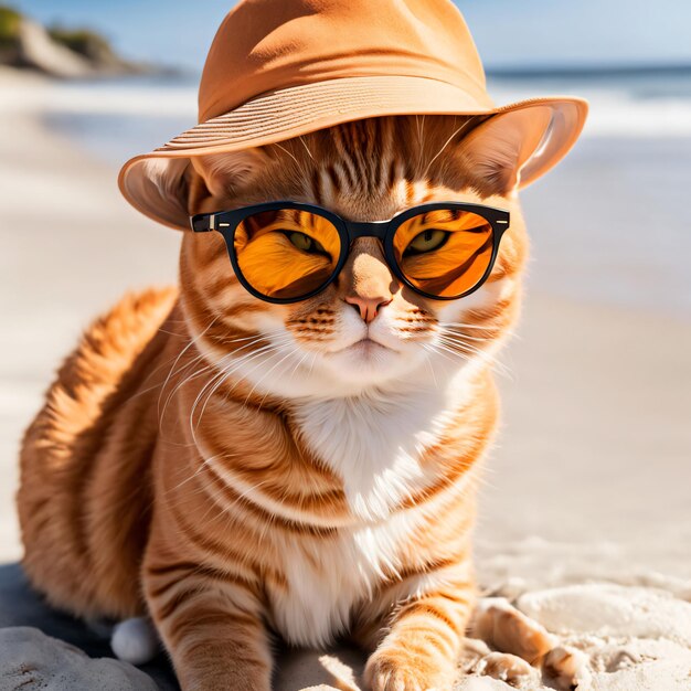 Orange tabby cat in sunglasses and hat on beach