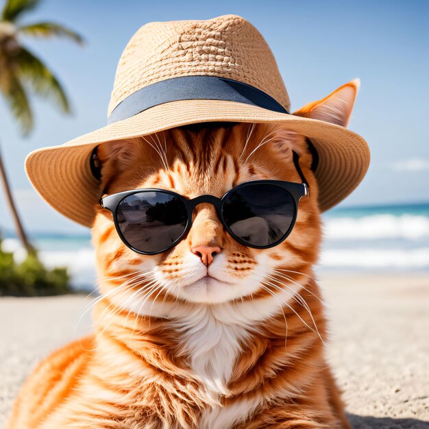 Orange tabby cat in sunglasses and hat on beach