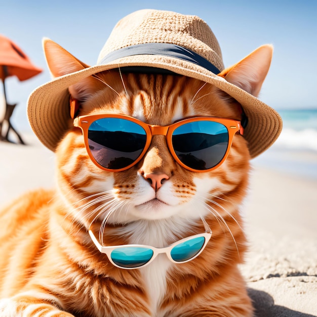 Orange tabby cat in sunglasses and hat on beach